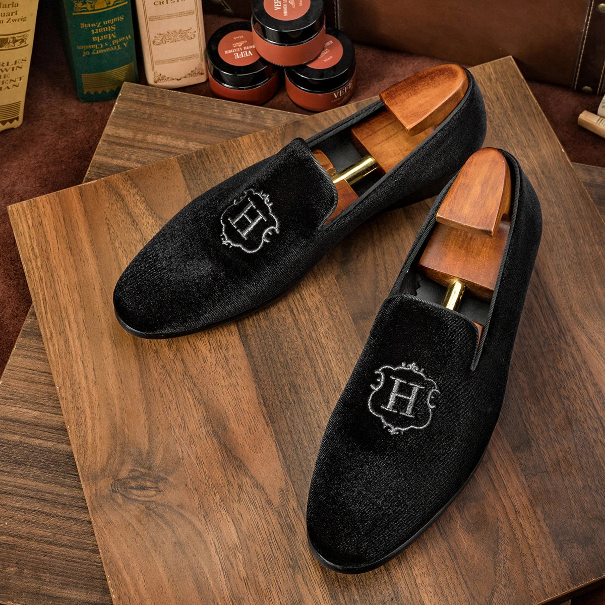 H Letter Embroidery Velvet Loafers