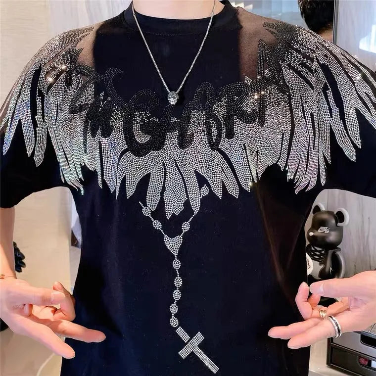 Wings Rhinestone O-neck Casual T-Shirt