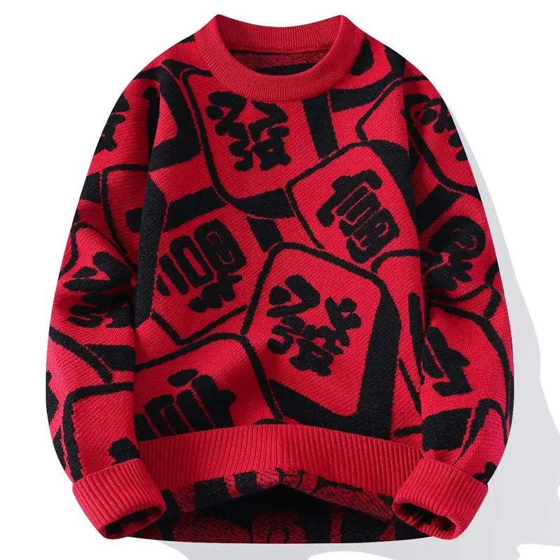 Chinese Letter O-Neck Loose Red Sweater