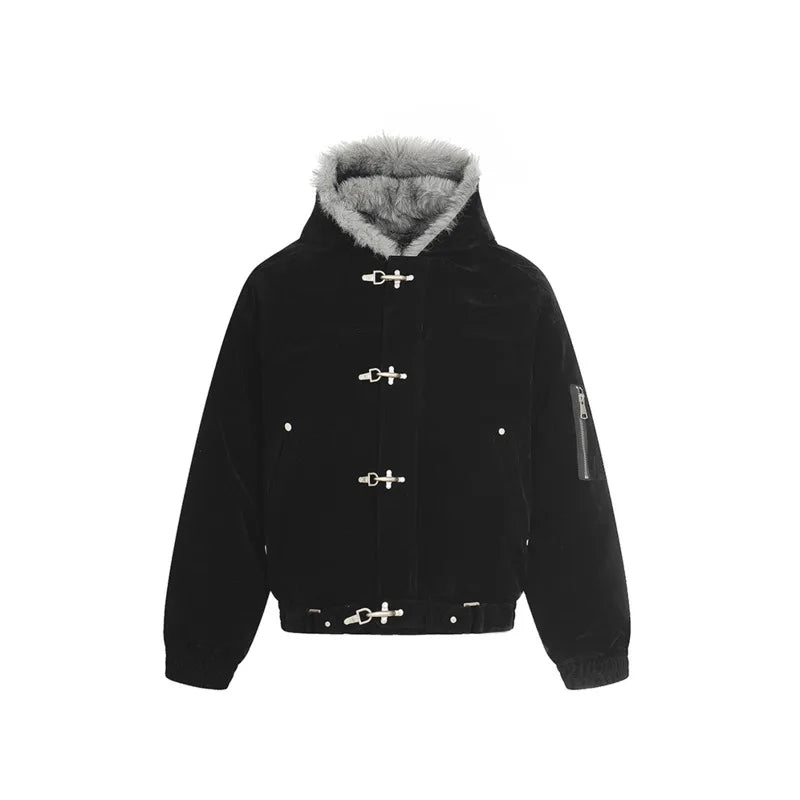 Solid Metal Button Loose Hooded Jackets