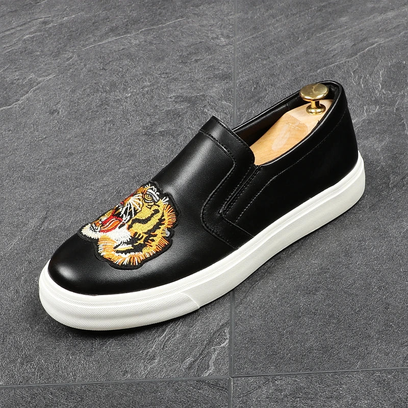 Tiger Embroidery Microfiber Black Loafers