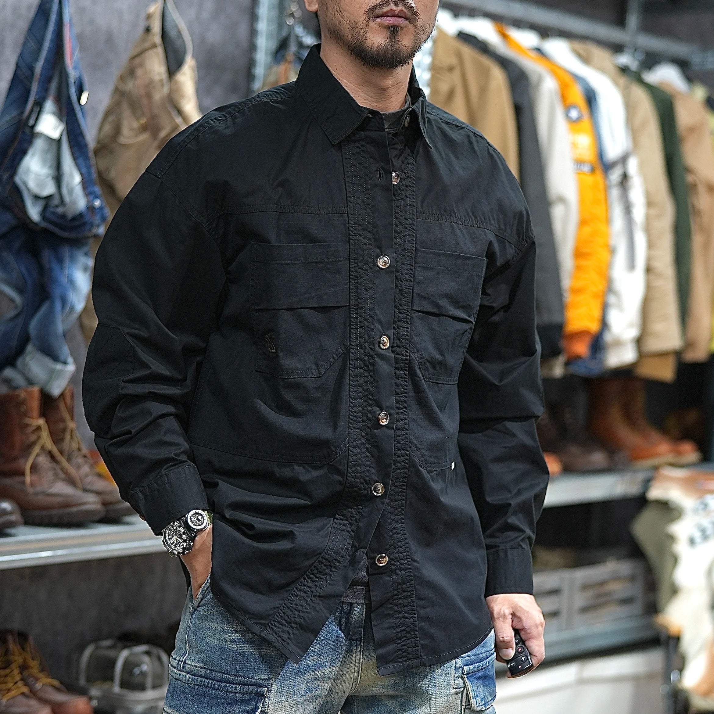 Patchwork Utility Casual Workwear Shirt