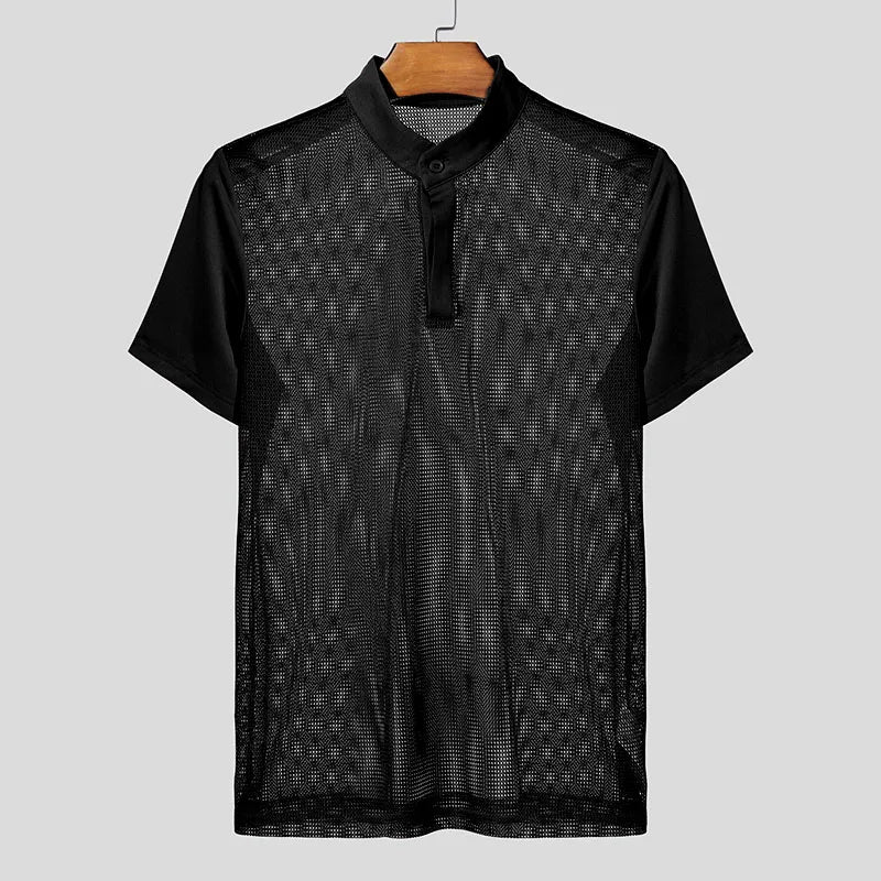 Mesh Patchwork Transparent Turtleneck T-Shirt