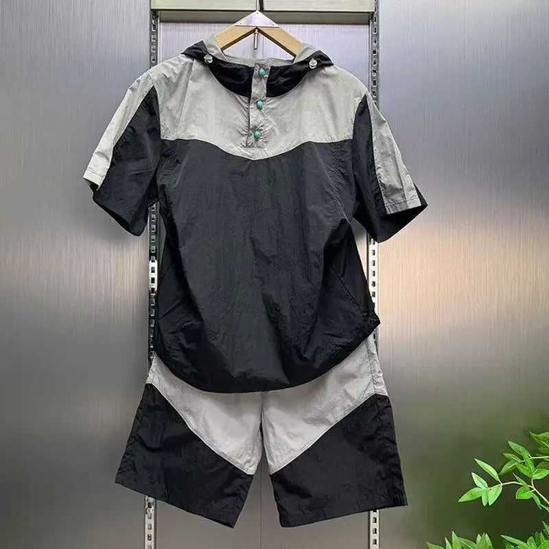 Contrasting Color Hooded Shorts Set