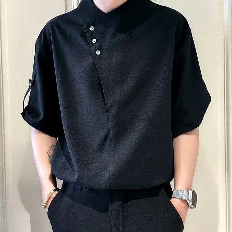 Solid Button Stand Collar Men's Shirt