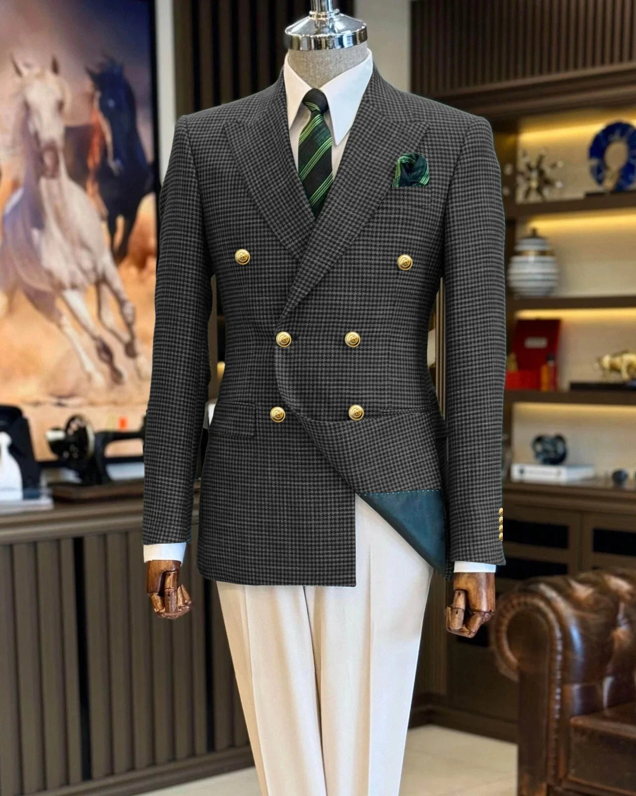 Double Breasted Houndstooth Peak Lapel Blazer