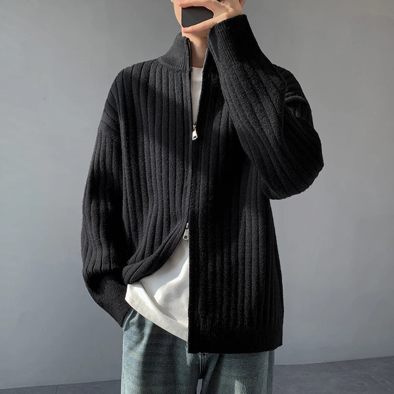 Stand Collar Striped Knitted Cardigan