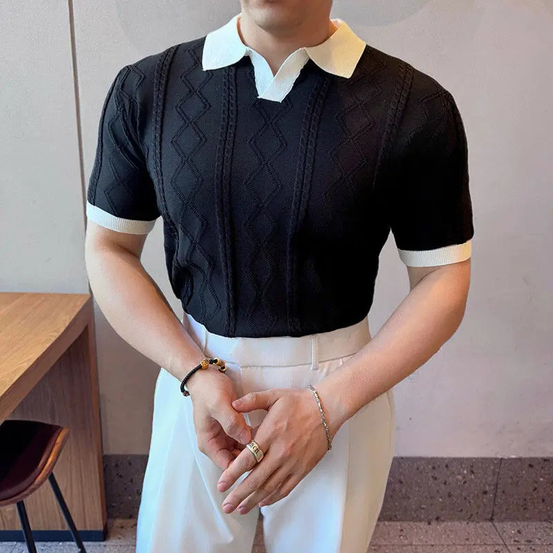 Elastic Knitted Casual Short Sleeved Polo Shirt