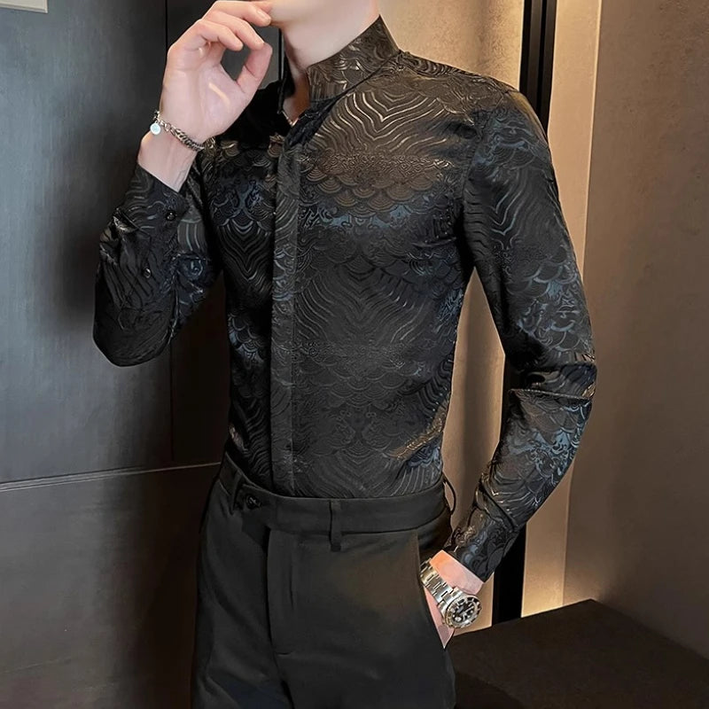 Geometric Printed Stand Up Collar Shirt