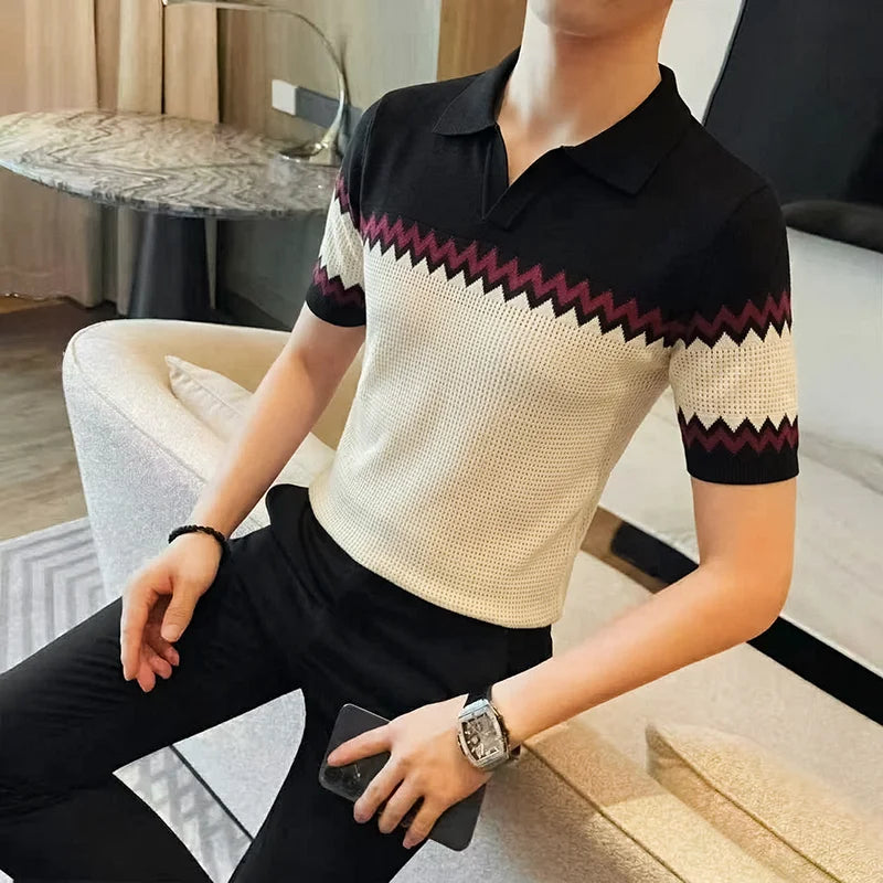 Zig-Zag Striped Knitted Polo Shirt