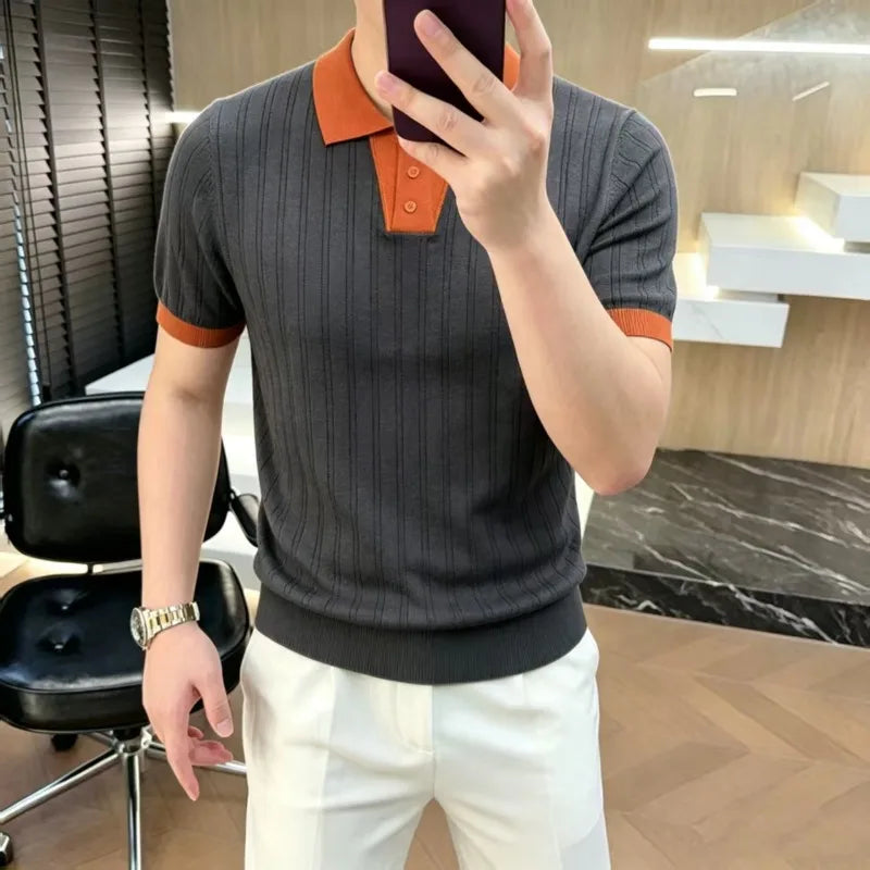 Casual Elegant Splicing Knitted Polo Shirt