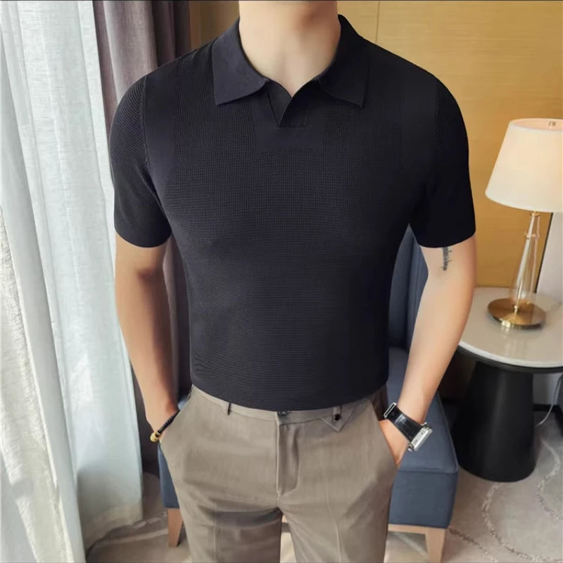 Solid V-neck Turn-Down Collar Knitted Polo Shirt