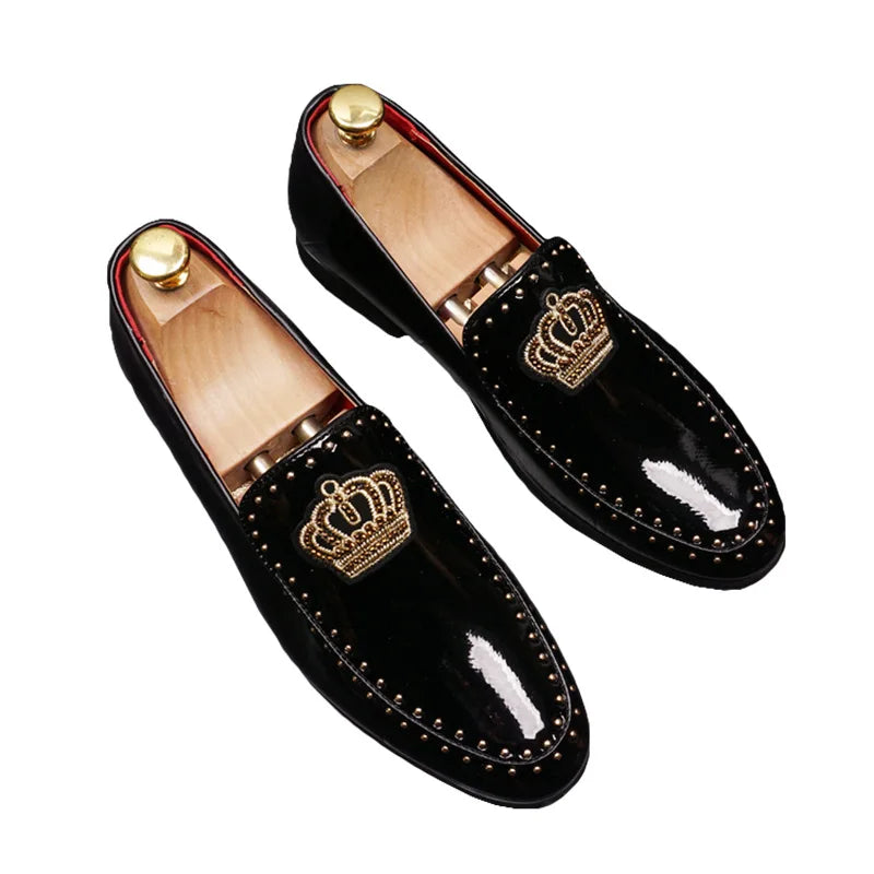 Crown Embroidery Black PU Loafers