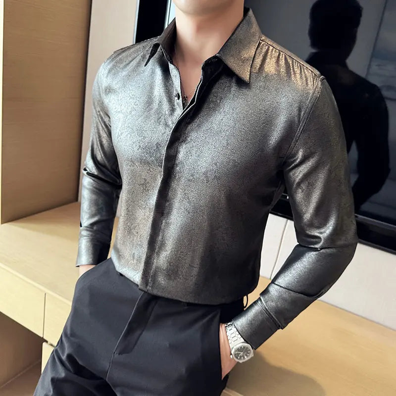 Glossy Plain Color Long Sleeve Men's Shirt