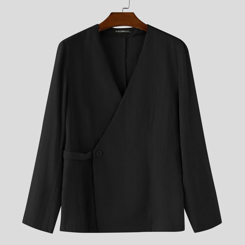 Solid Color V-Neck One-Button Shirt