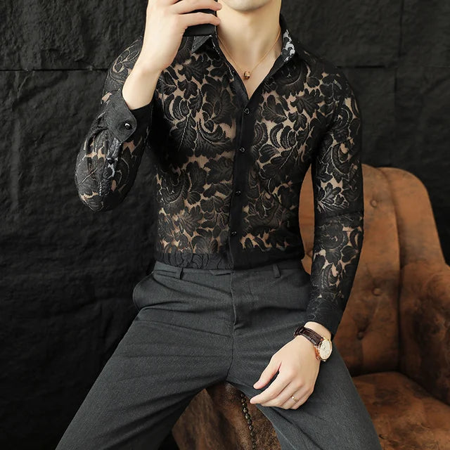 Solid Transparent Lace Slim Fit Shirt
