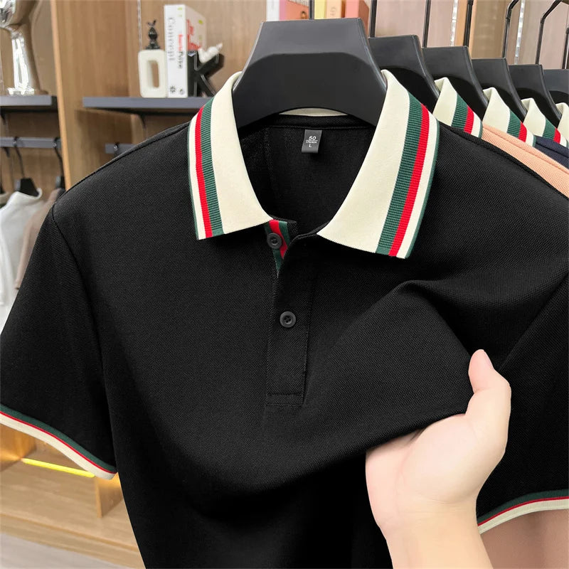 Stripes Color Blocked Lapel Polo Shirt
