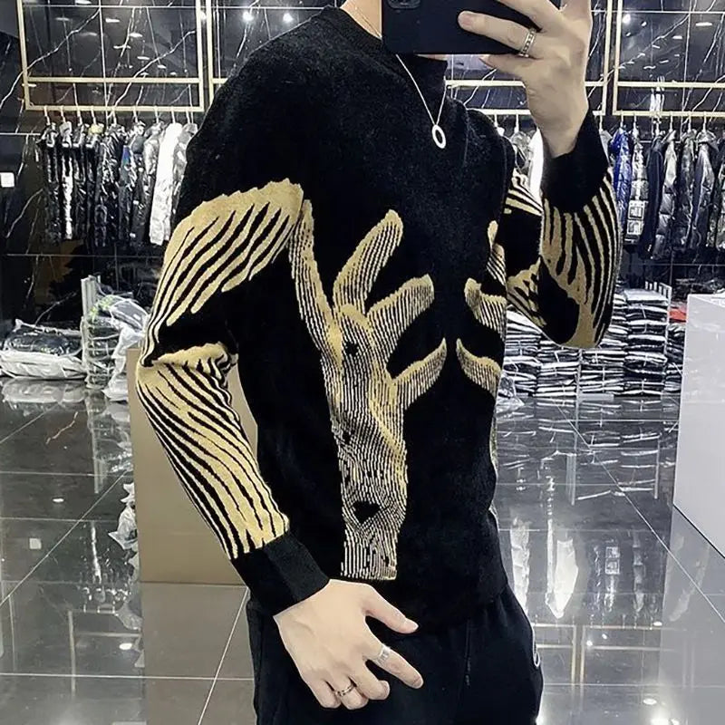 Letter Color-Blocking Round Neck Sweater