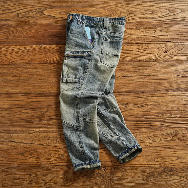 Zip Pockets Panel Stitching Denim Jeans