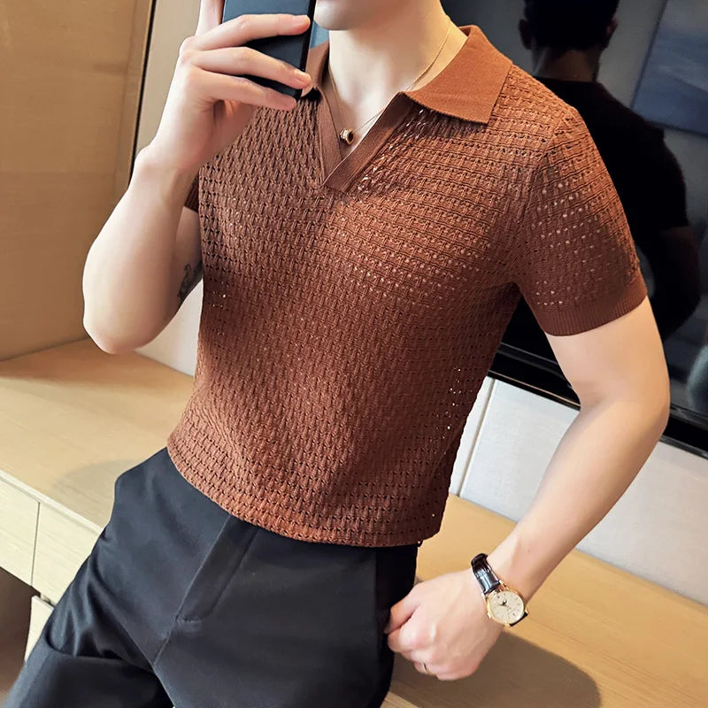 Hollow Knitted Smart Casual Polo Shirt