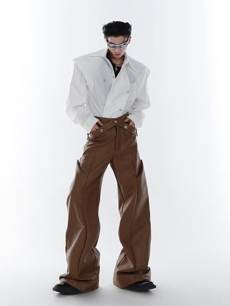Loose Casual Brown Black Pu Leather Pants