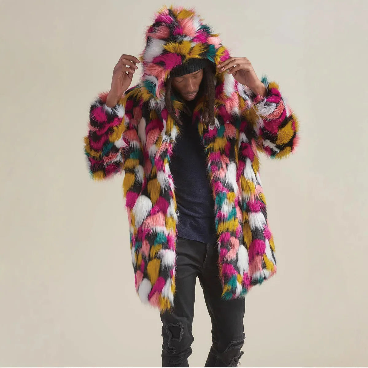 Colorful Faux Fur Patchwork Hooded Coat