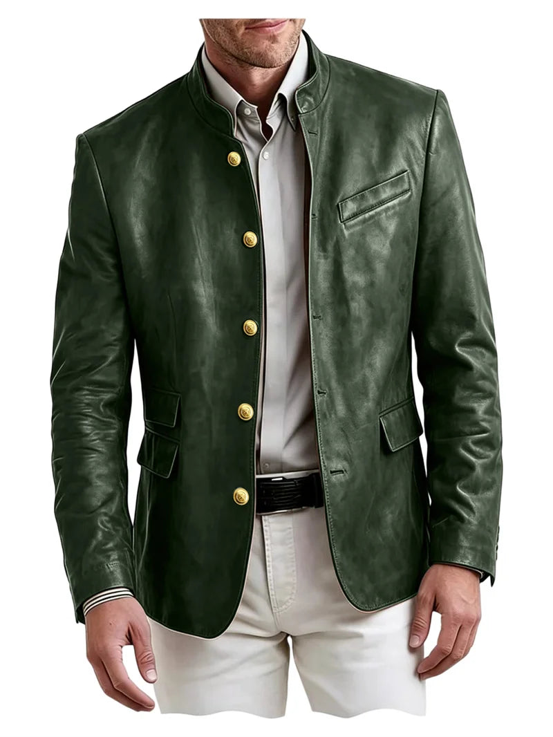 Golden Metal Buttons Leather Jacket