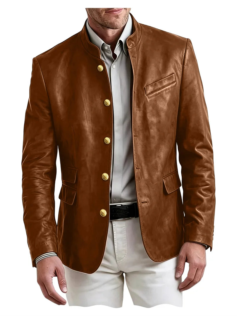 Golden Metal Buttons Leather Jacket
