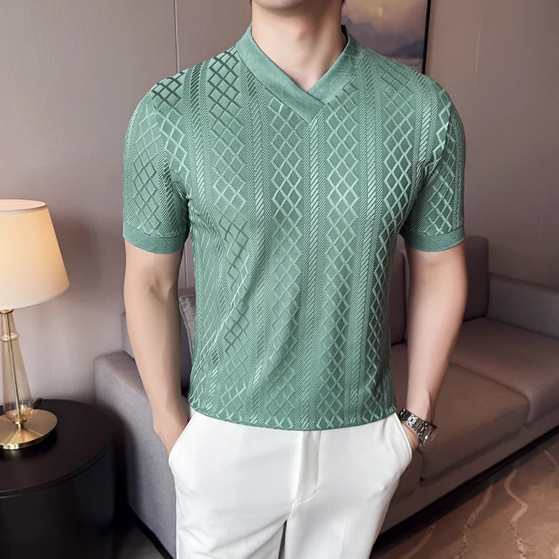 V-Neck Geometric Textured Casual T-Shirt