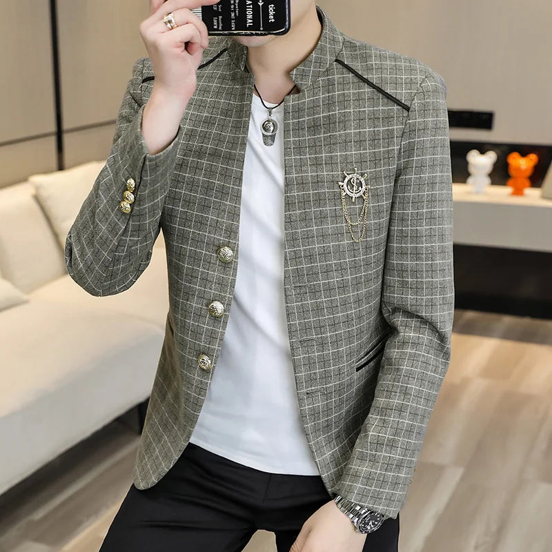 Thick Plaid Pattern Stand Collar Blazer
