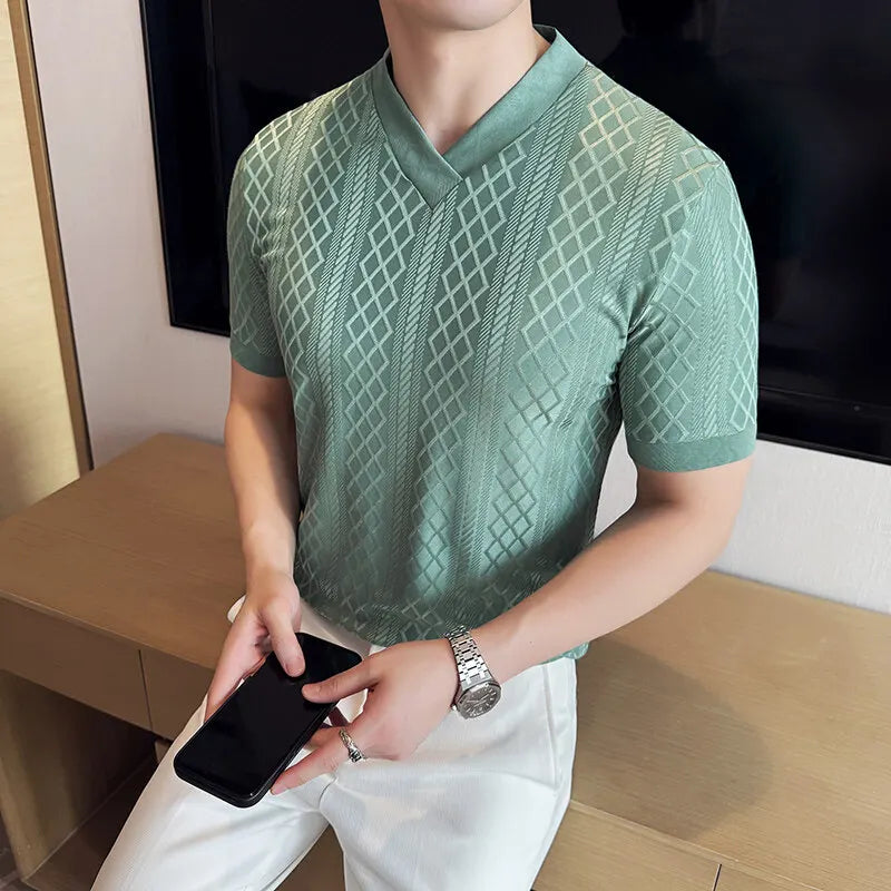 Geometric V-Neck Breathable T-Shirt