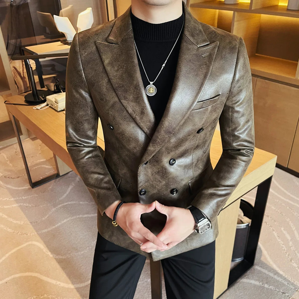 Retro Faux Leather Double Breasted Blazer