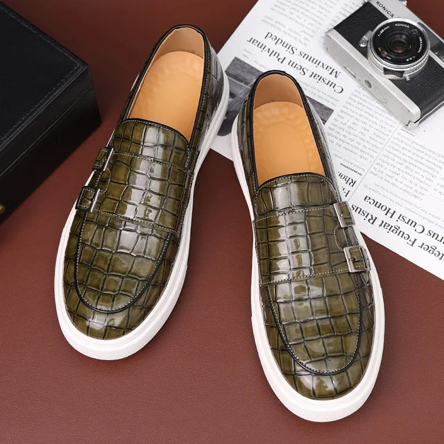 Crocodile Leather Double Buckle Monk Shoes