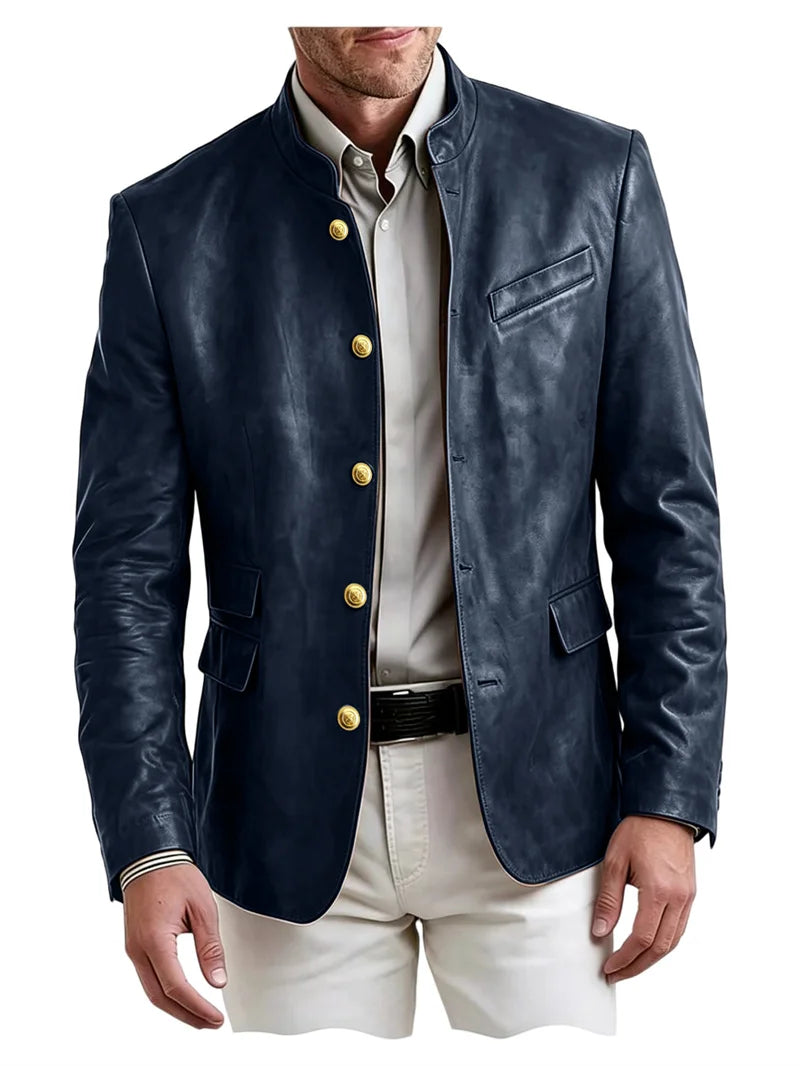Golden Metal Buttons Leather Jacket