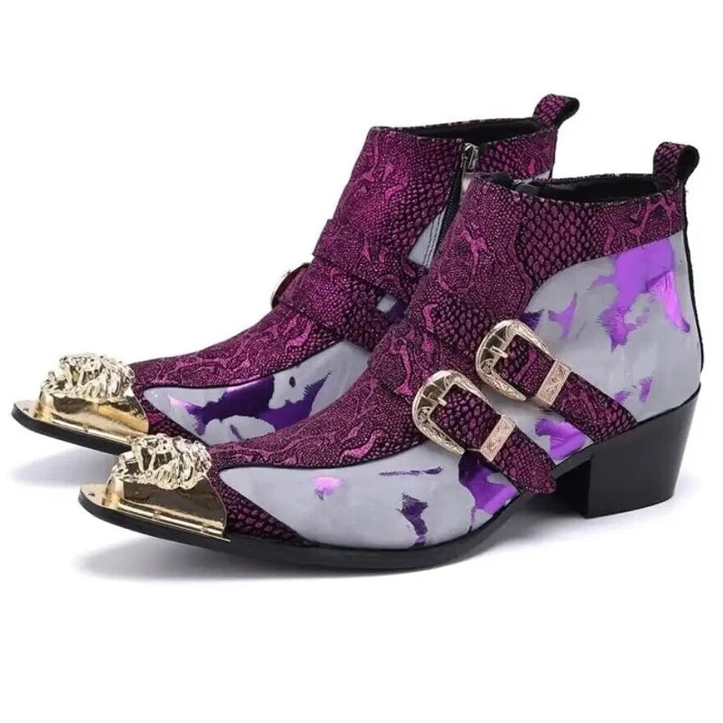 Croc-Textured Buckled Metal Toe Boots