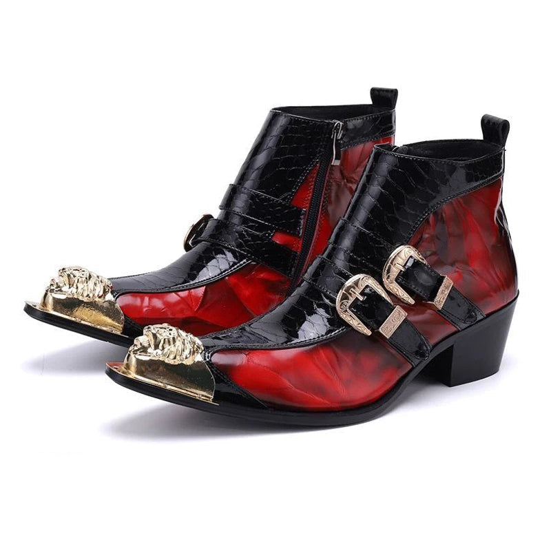 Croc-Textured Buckled Metal Toe Boots