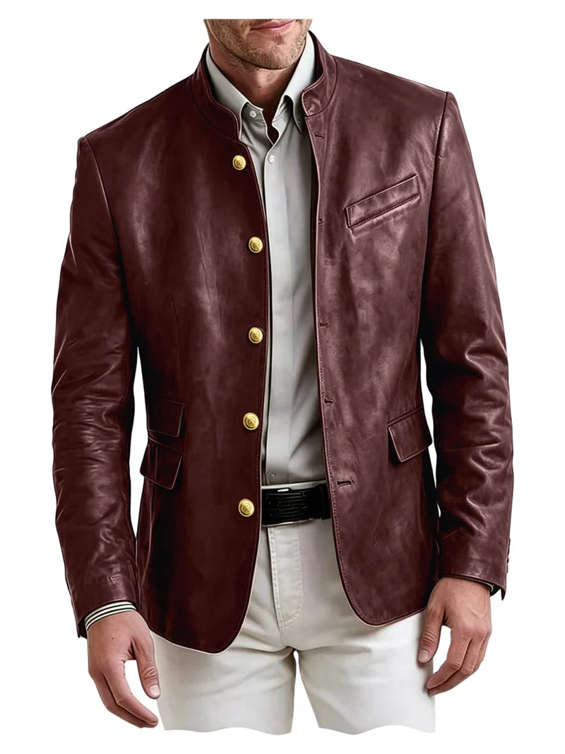 Golden Metal Buttons Leather Jacket