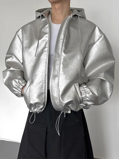 Y2k Silver Oversized PU Leather Jacket