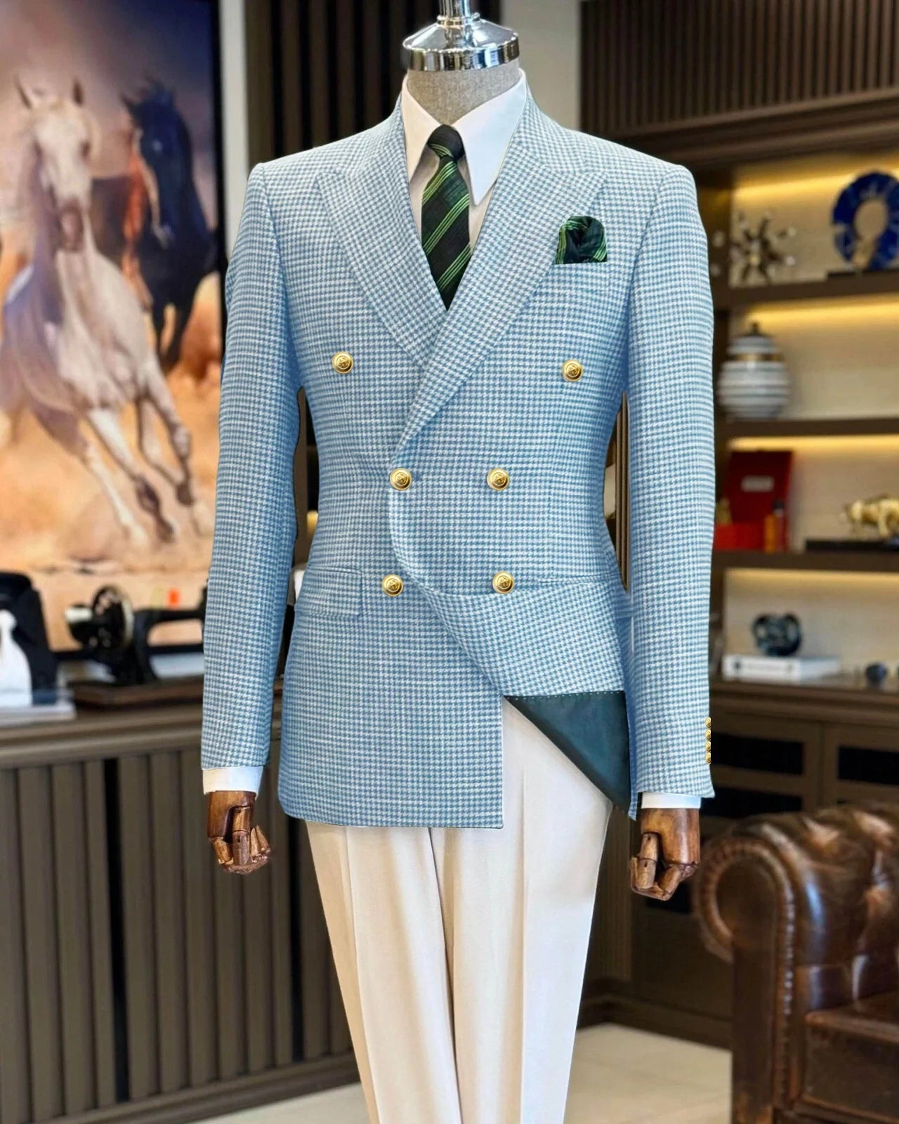 Double Breasted Houndstooth Peak Lapel Blazer