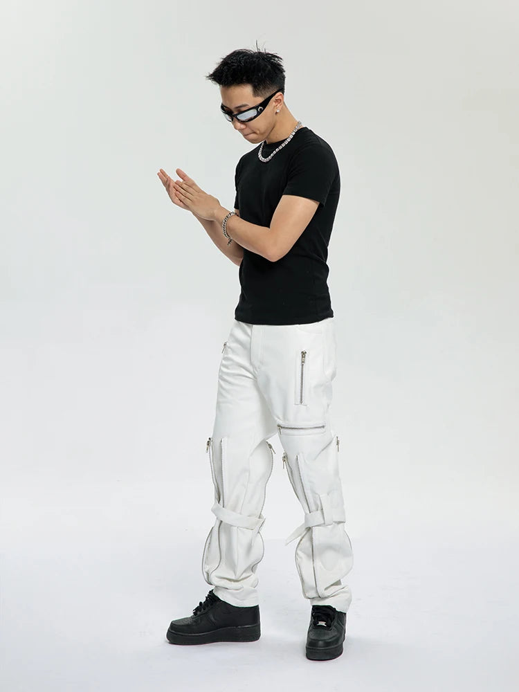 Multi-Zippers Belt Leather Pants