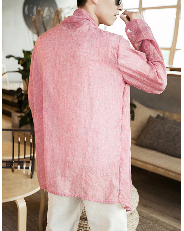 Cotton Linen Open Stitch Long Sleeve Summer Style Men Outer Shirts