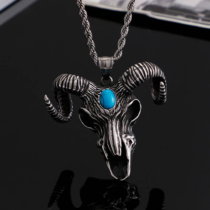 Stainless Steel Goat Horn Pendant with Blue Stone Men Necklace