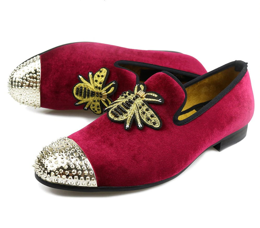 Golden Bee with Rivets Toes Men Velvet Loafers