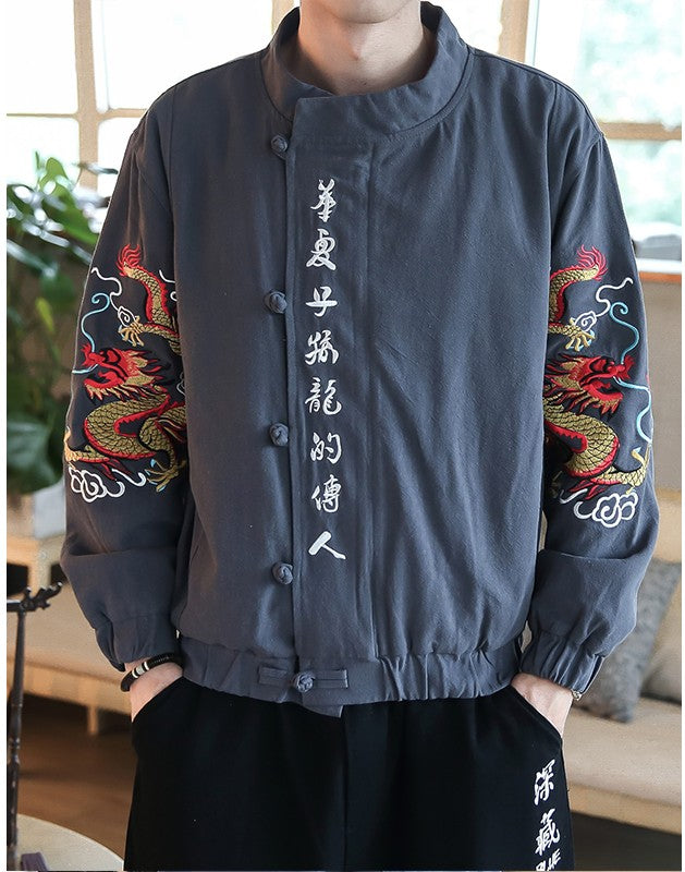 Chinese Calligraph And Dragon Embroidery Design Men Jacket - FanFreakz