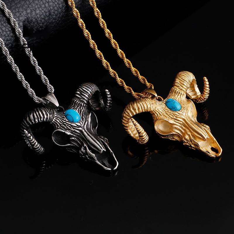 Stainless Steel Goat Horn Pendant with Blue Stone Men Necklace