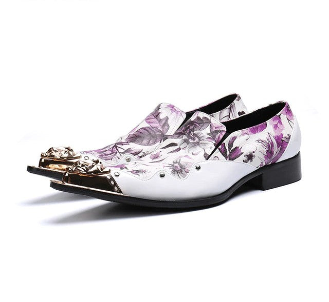 Pointed Metal Tip Toe Floral Print Italy Style Men Shoes
