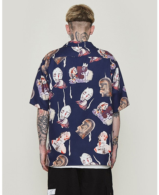 Navy Character Print in Hawaiian Loose Style Men Short Sleeves Shirt