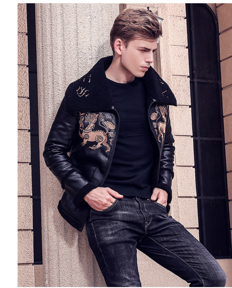 Black Broad Collar with Animal Pattern Embroidery Men Pu Leather Jacket - FanFreakz