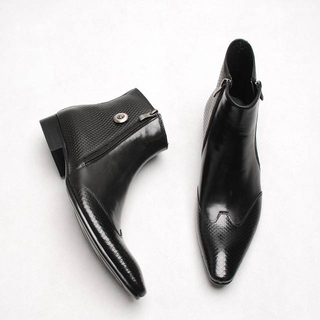 Double Zippers Ankle High Pointed Toe Men Leather Boots