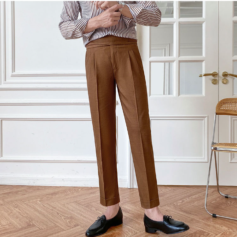 Solid Color High Waist Polyester Trousers